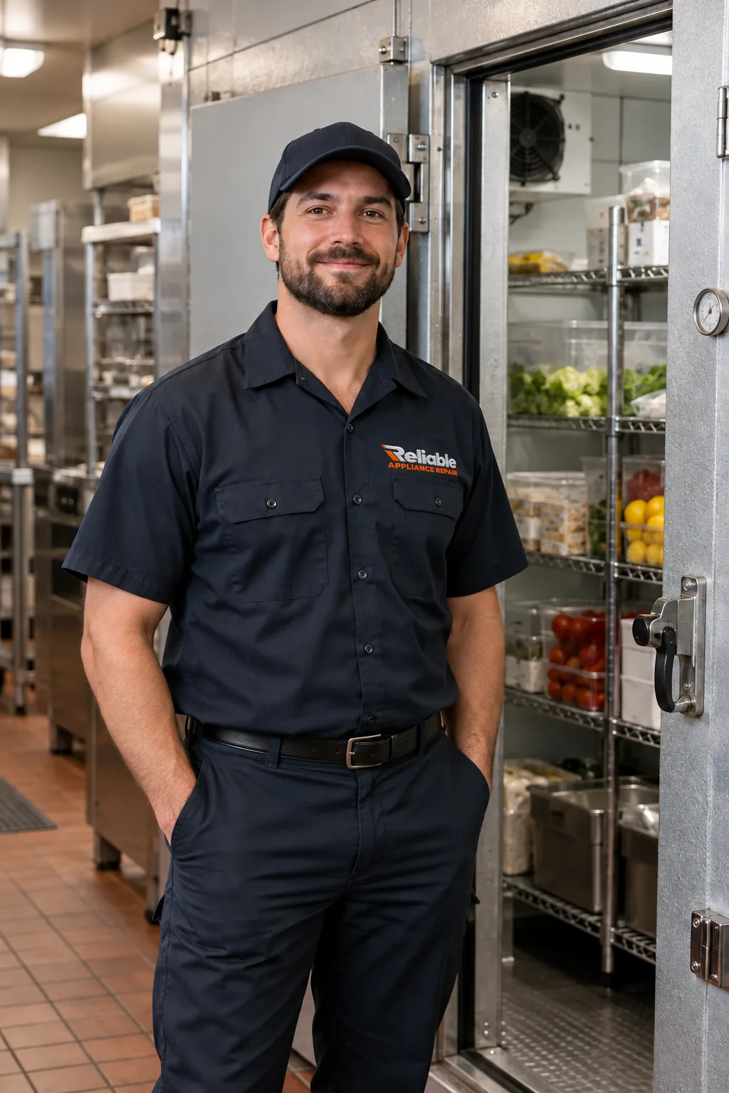 Technician beside a commercial walk-in cooler in Tampa