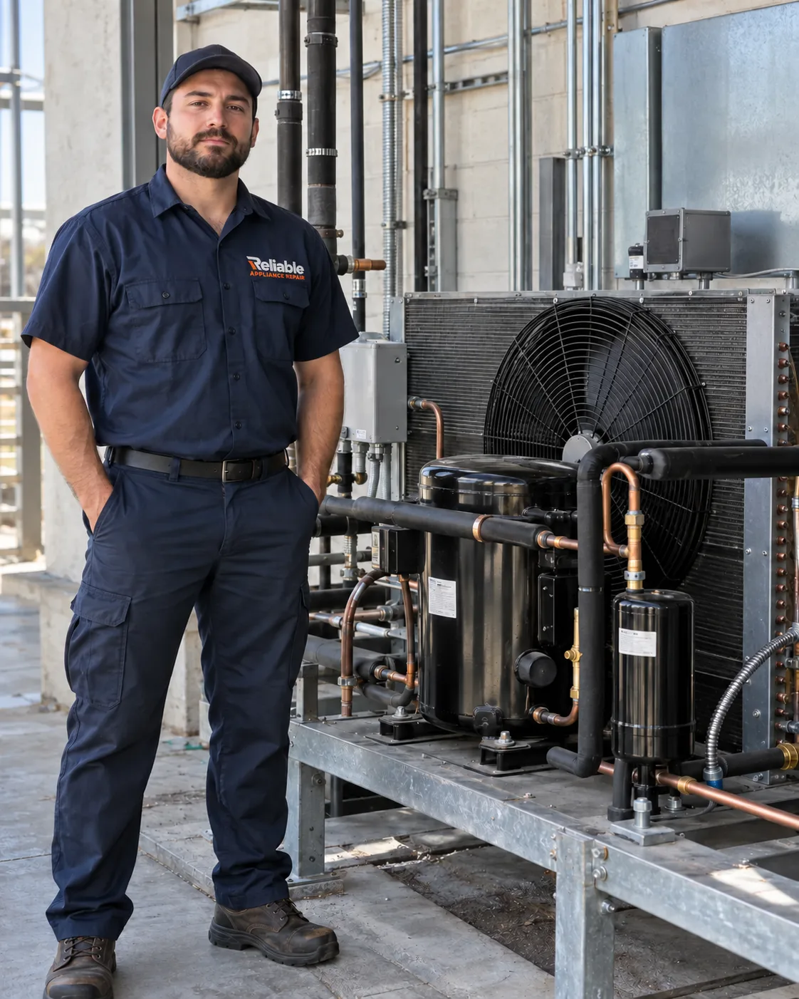 Commercial refrigeration technician beside a condensing unit in Atlanta