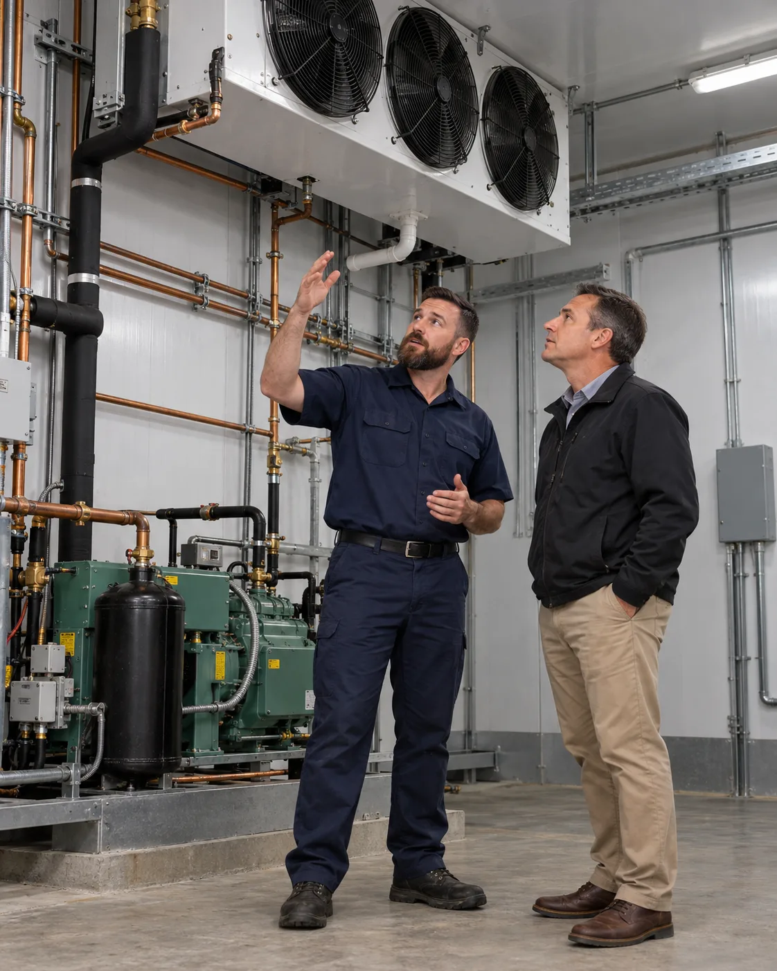 Commercial refrigeration technician explaining an evaporator unit to a facility manager