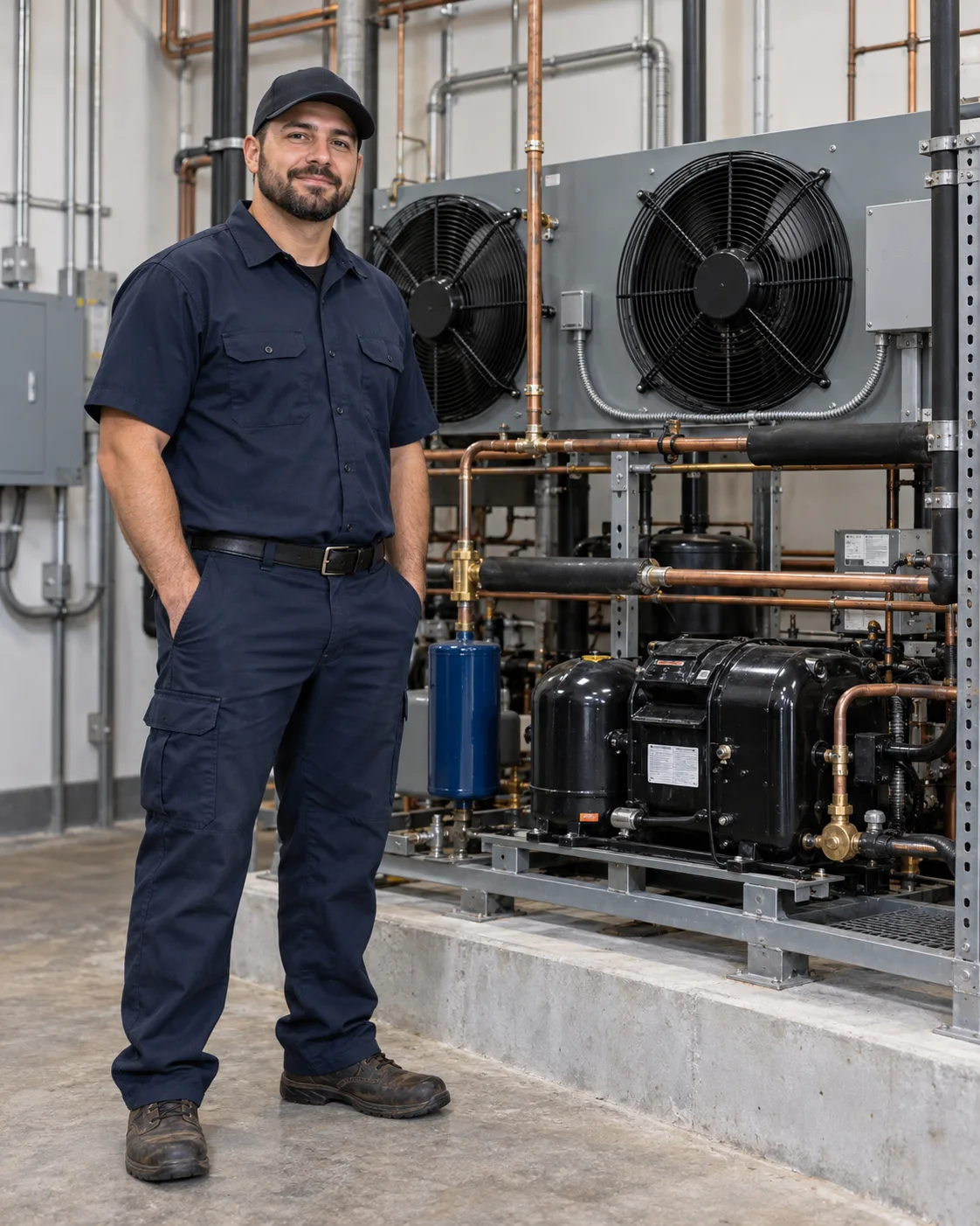 Commercial refrigeration technician beside a condensing unit in Tampa
