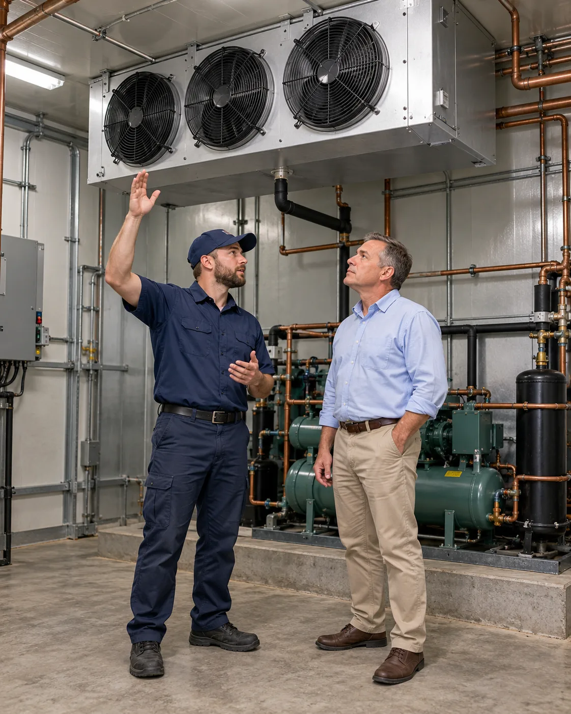 Commercial refrigeration technician explaining an evaporator unit to a facility manager