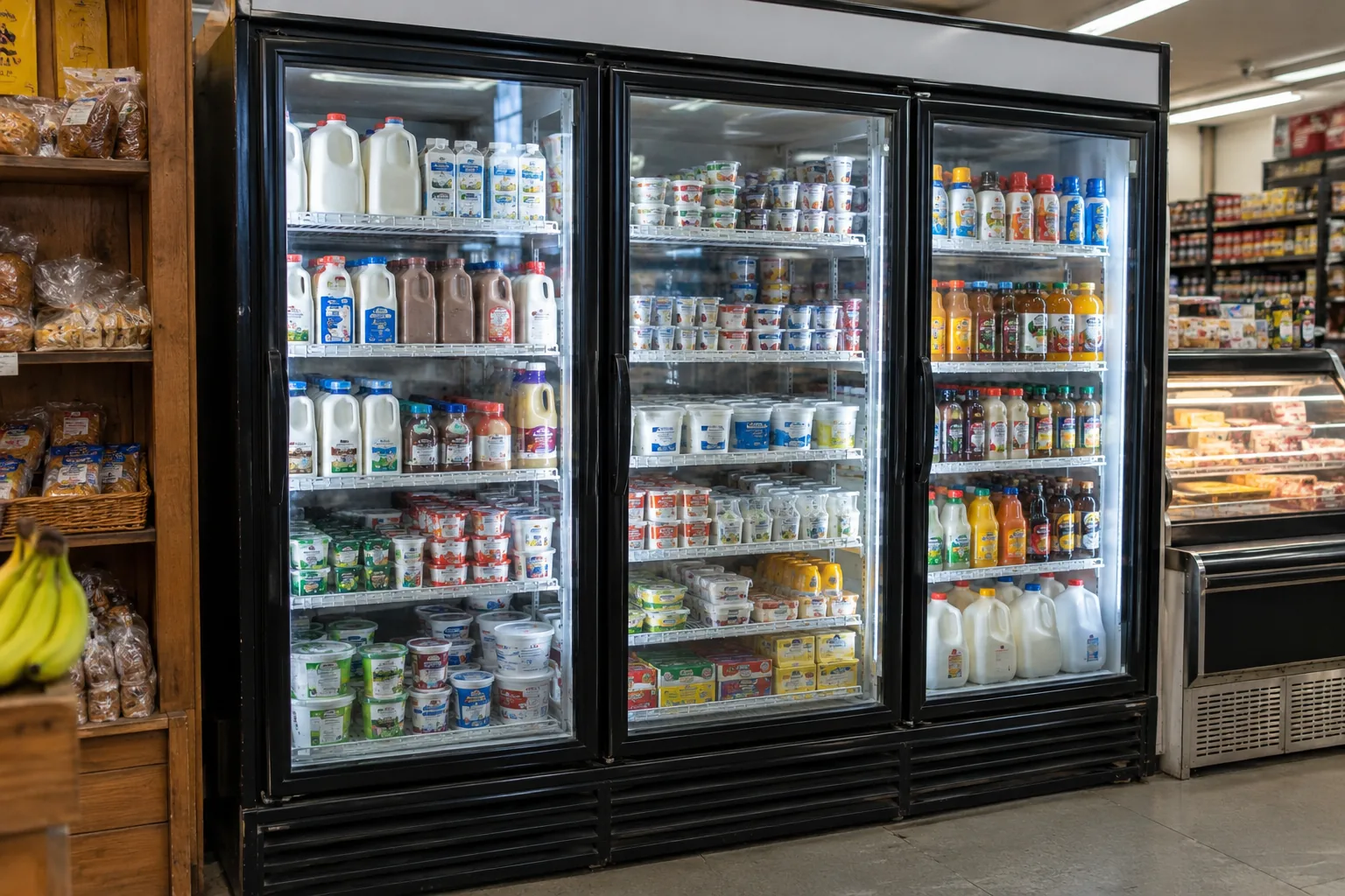 Three-door merchandiser after temperature service