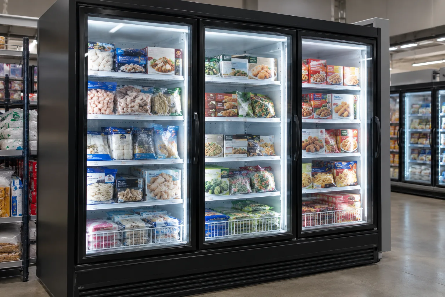 Glass-door freezer after defrost service