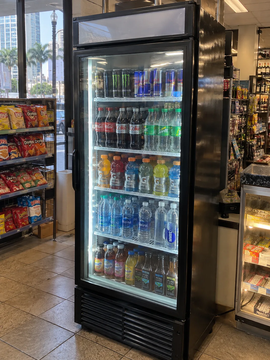 Single-door beverage merchandiser after cooling repair in Downtown Tampa