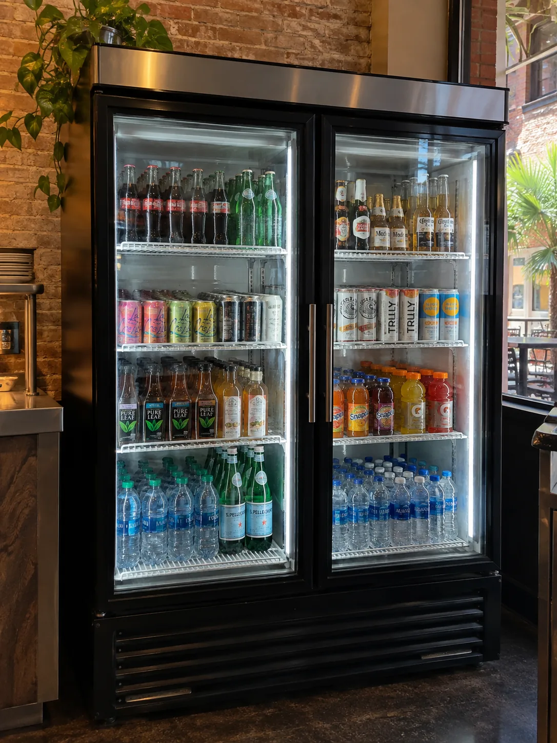 Two-door beverage display cooler after condensation service in Ybor City