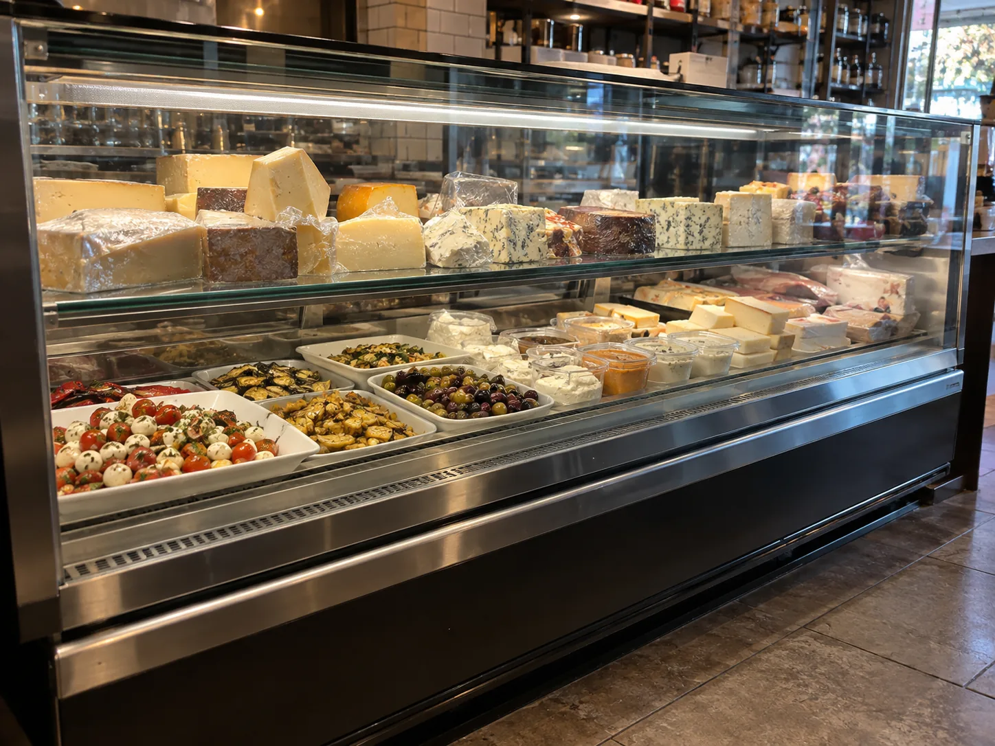 Refrigerated deli display case after service