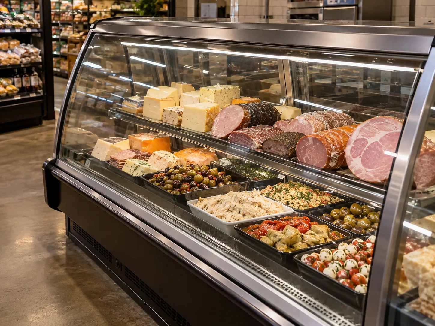 Curved-glass refrigerated deli case after service