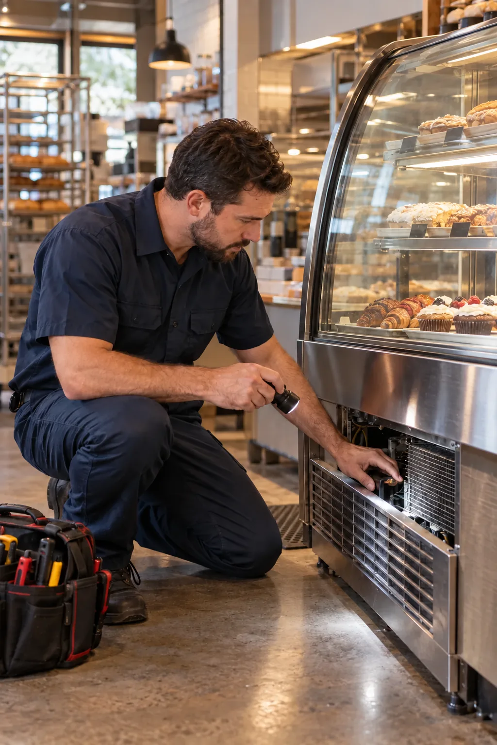Commercial technician inspecting a refrigerated bakery display case in Tampa