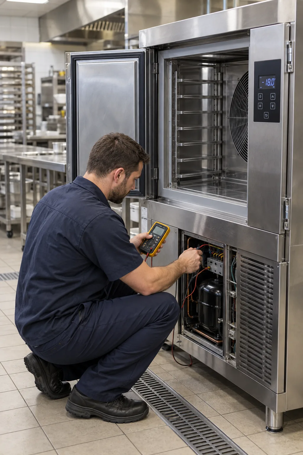 Technician diagnosing a commercial blast chiller in Atlanta