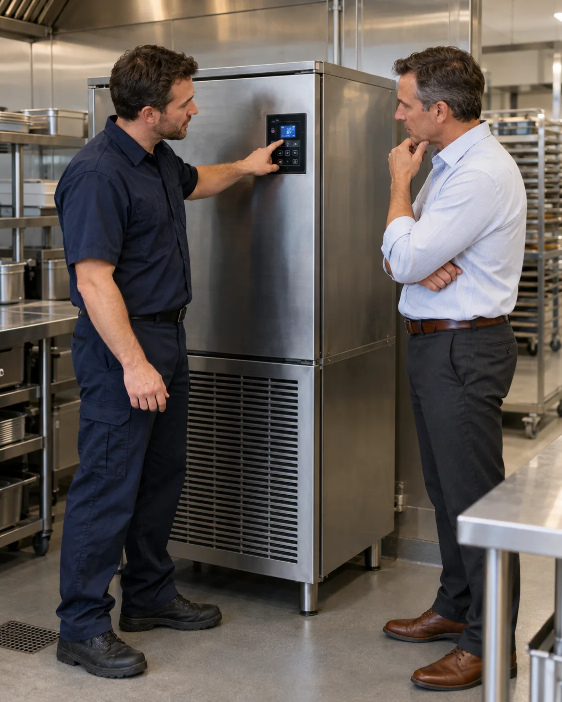 Technician explaining a commercial blast chiller diagnostic finding to a kitchen manager