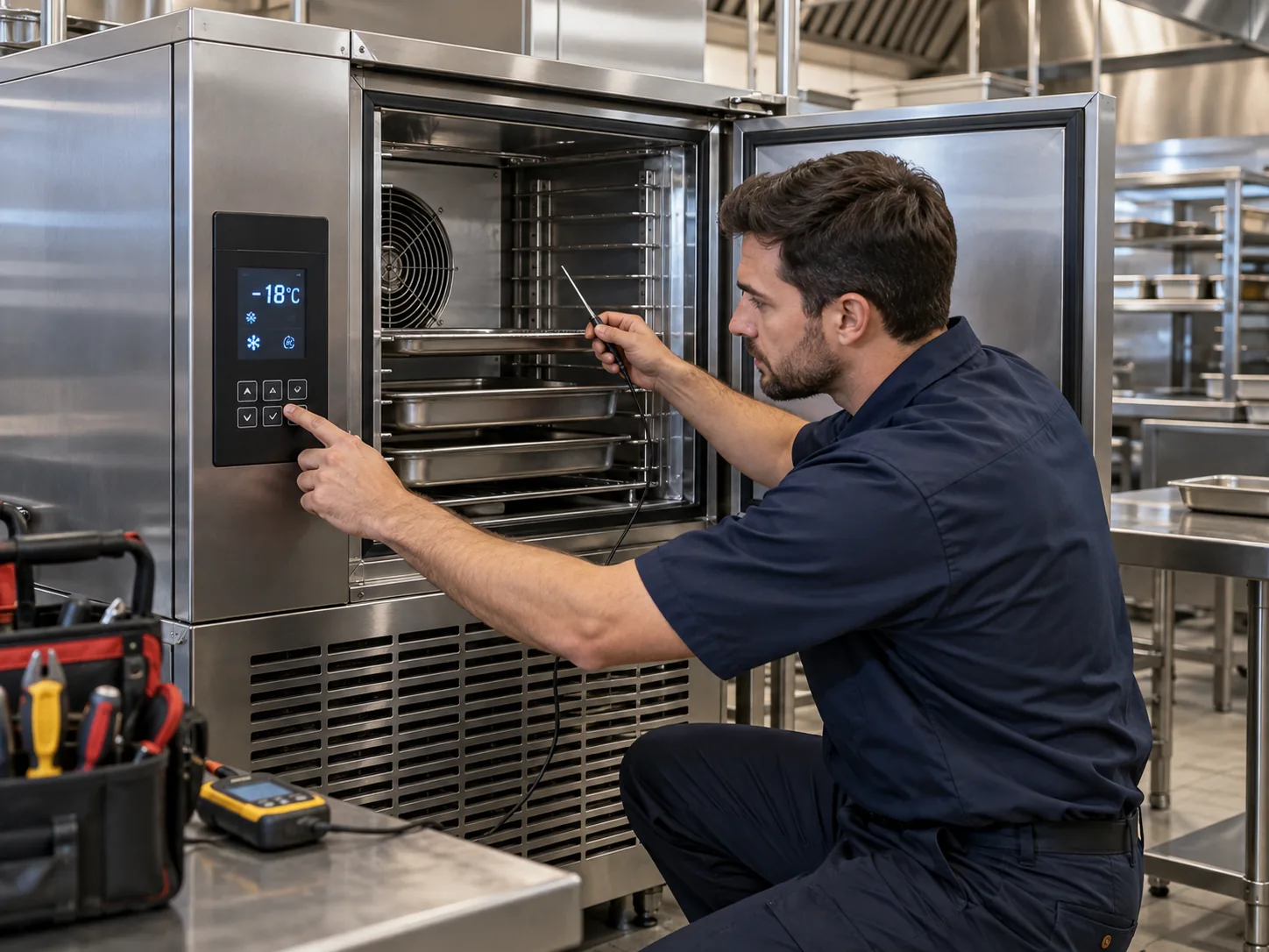 Technician diagnosing a commercial blast chiller in Tampa