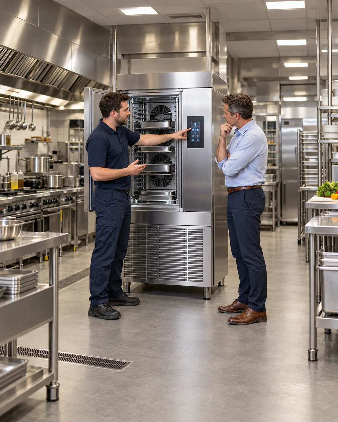 Technician explaining a commercial blast chiller diagnostic finding to a kitchen manager