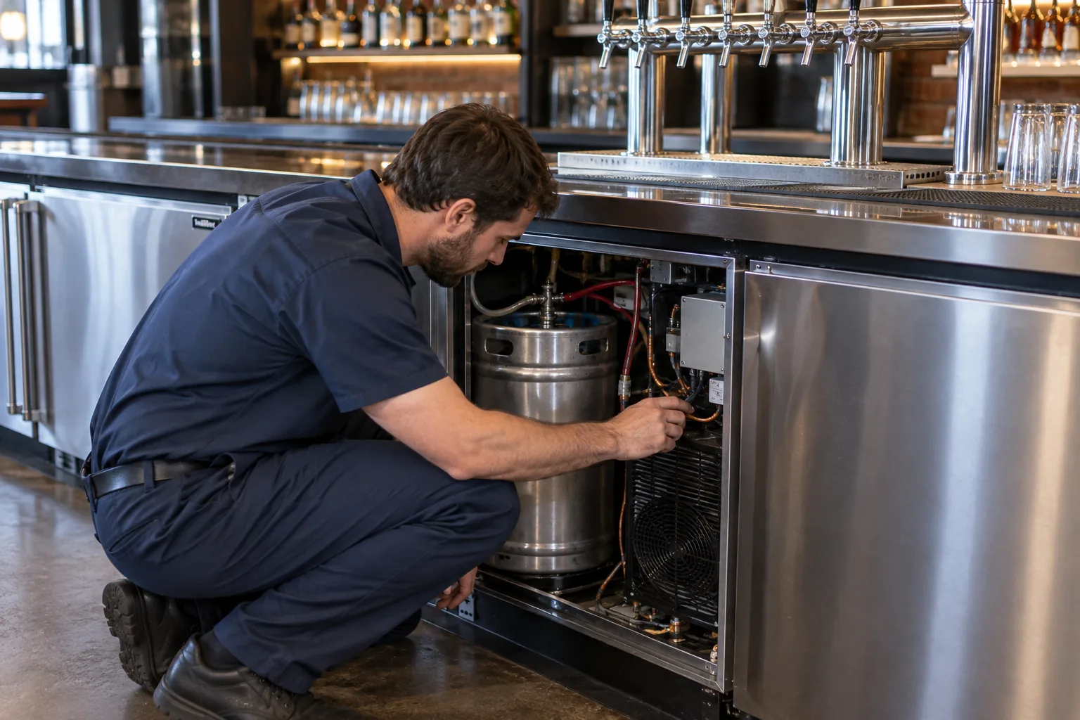 Technician servicing a commercial kegerator in Atlanta