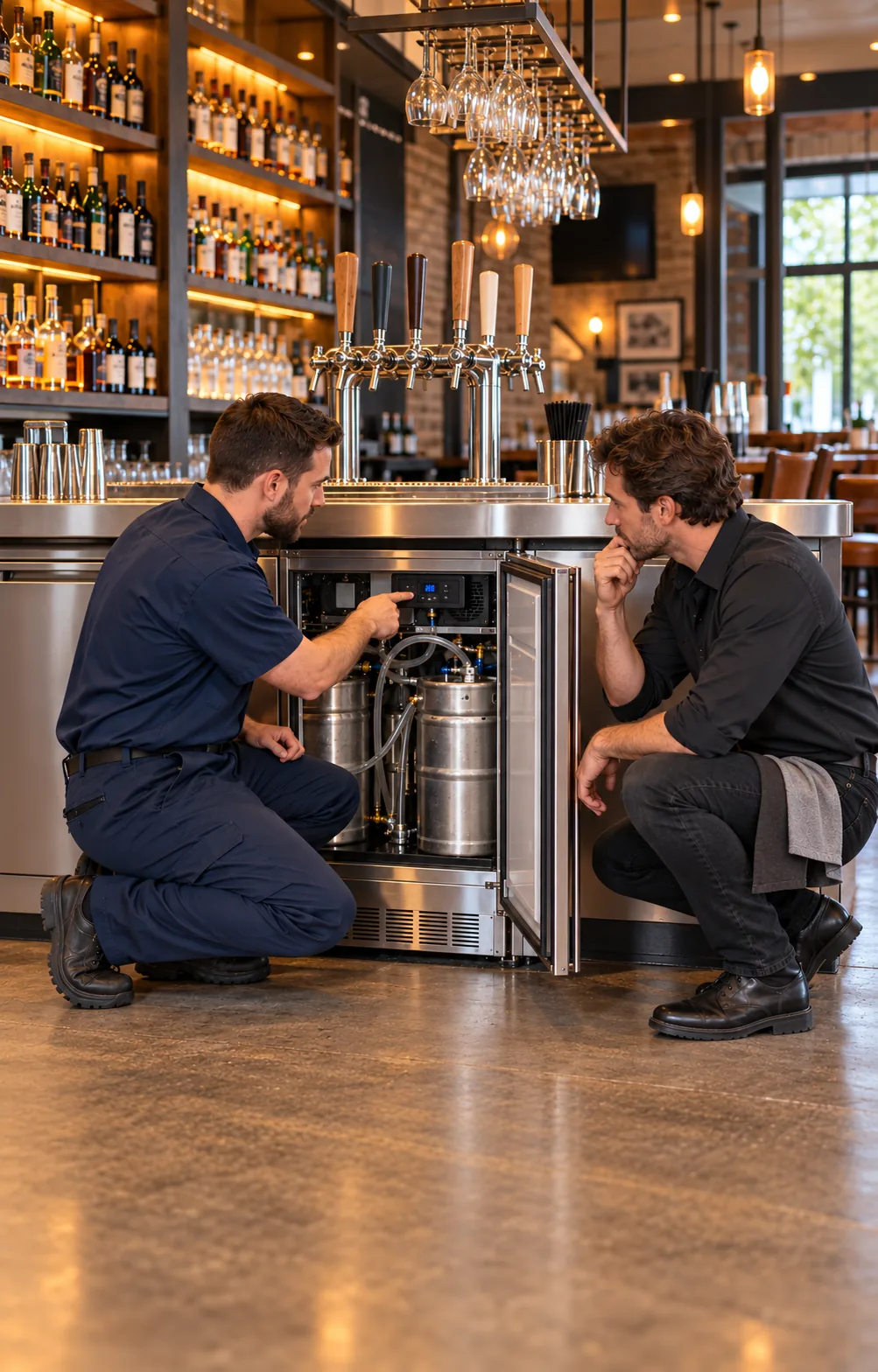 Technician explaining a commercial kegerator diagnostic finding to a restaurant manager