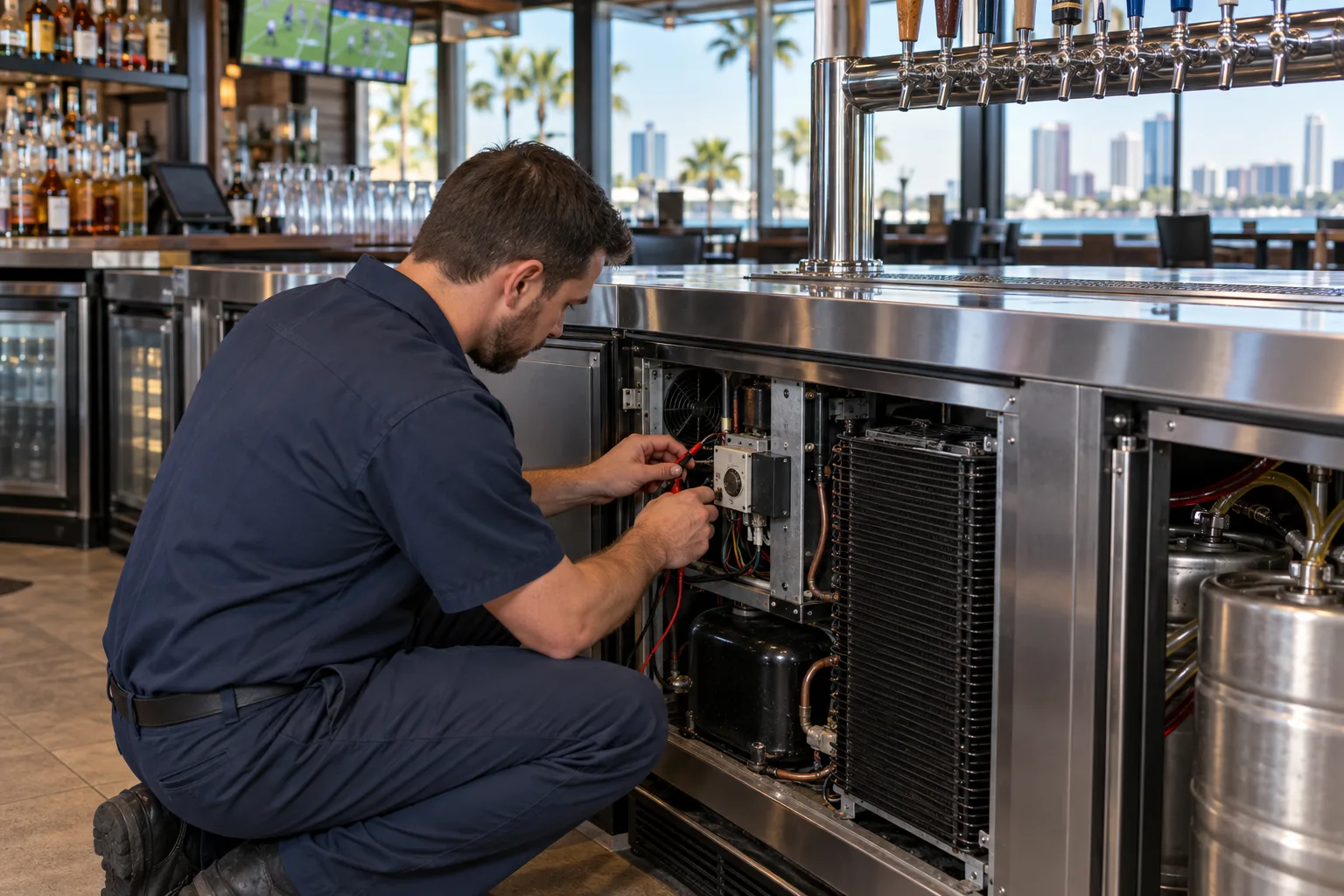 Technician servicing a commercial kegerator in Tampa