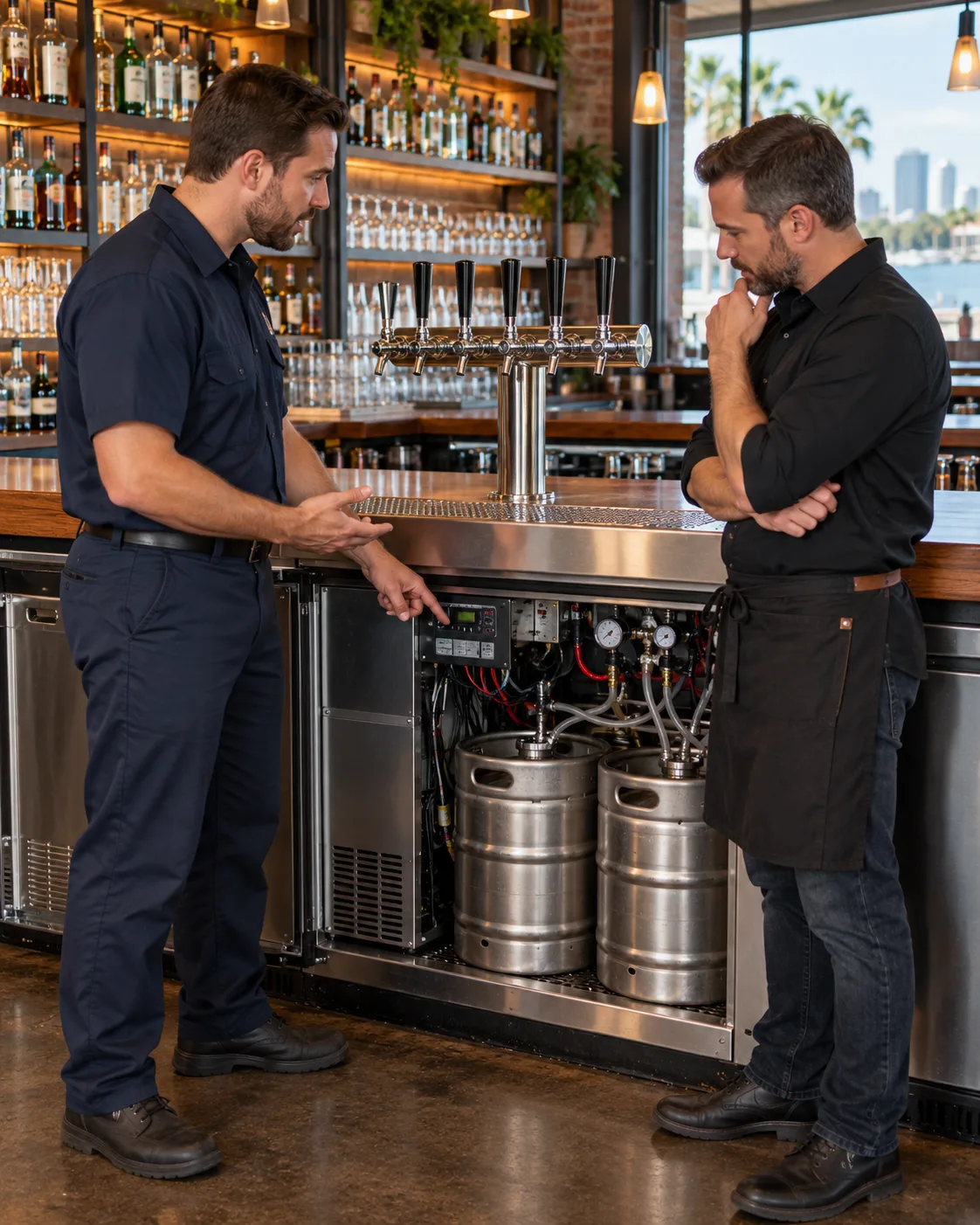 Technician explaining a commercial kegerator diagnostic finding to a restaurant manager