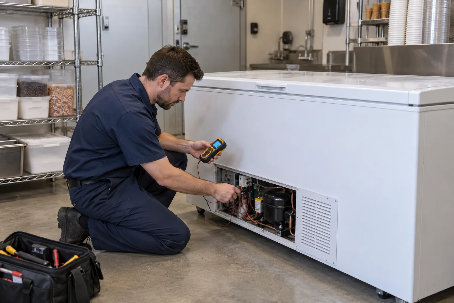 Technician diagnosing a commercial chest freezer in Atlanta