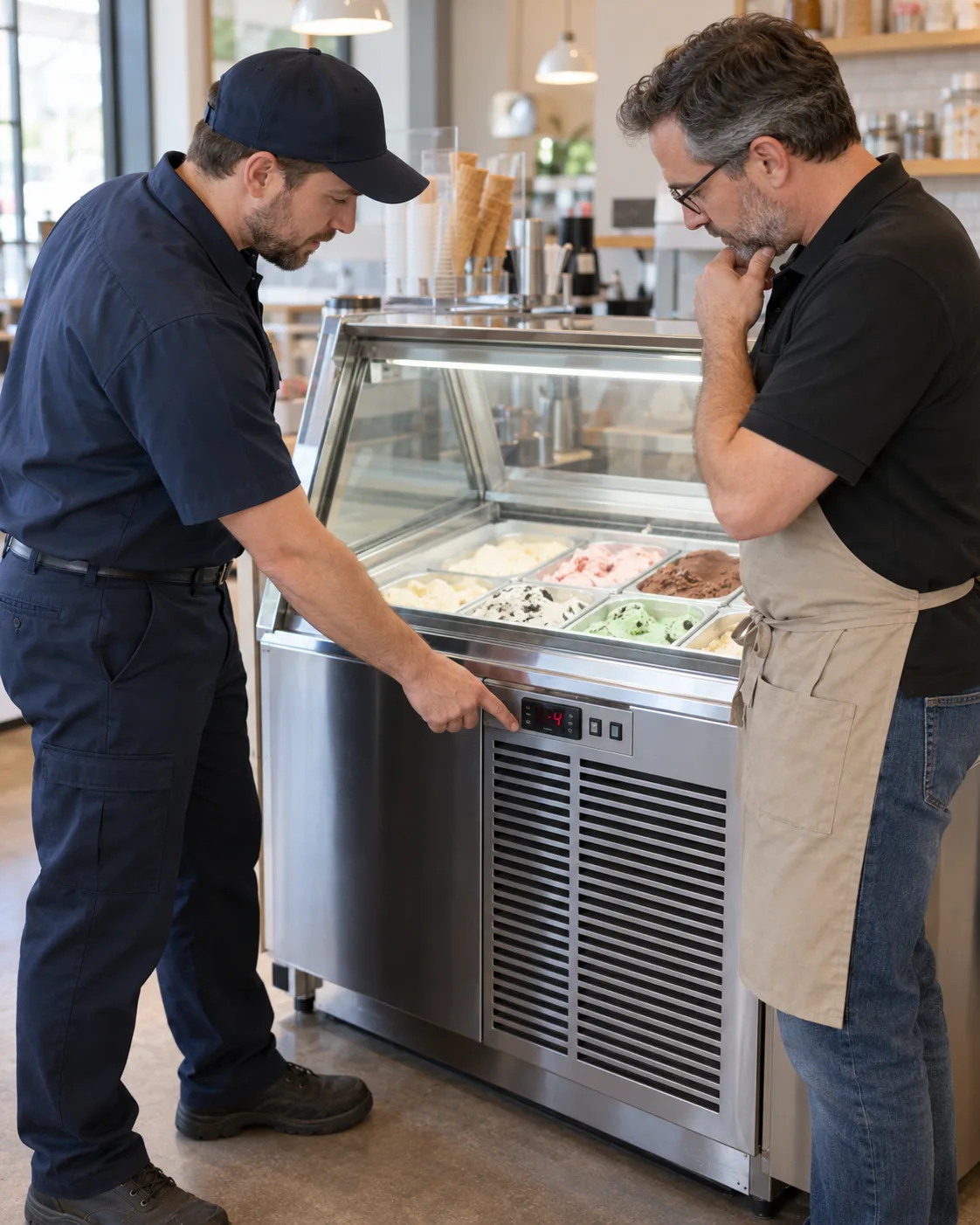 Technician explaining a commercial dipping cabinet issue to an ice cream shop manager