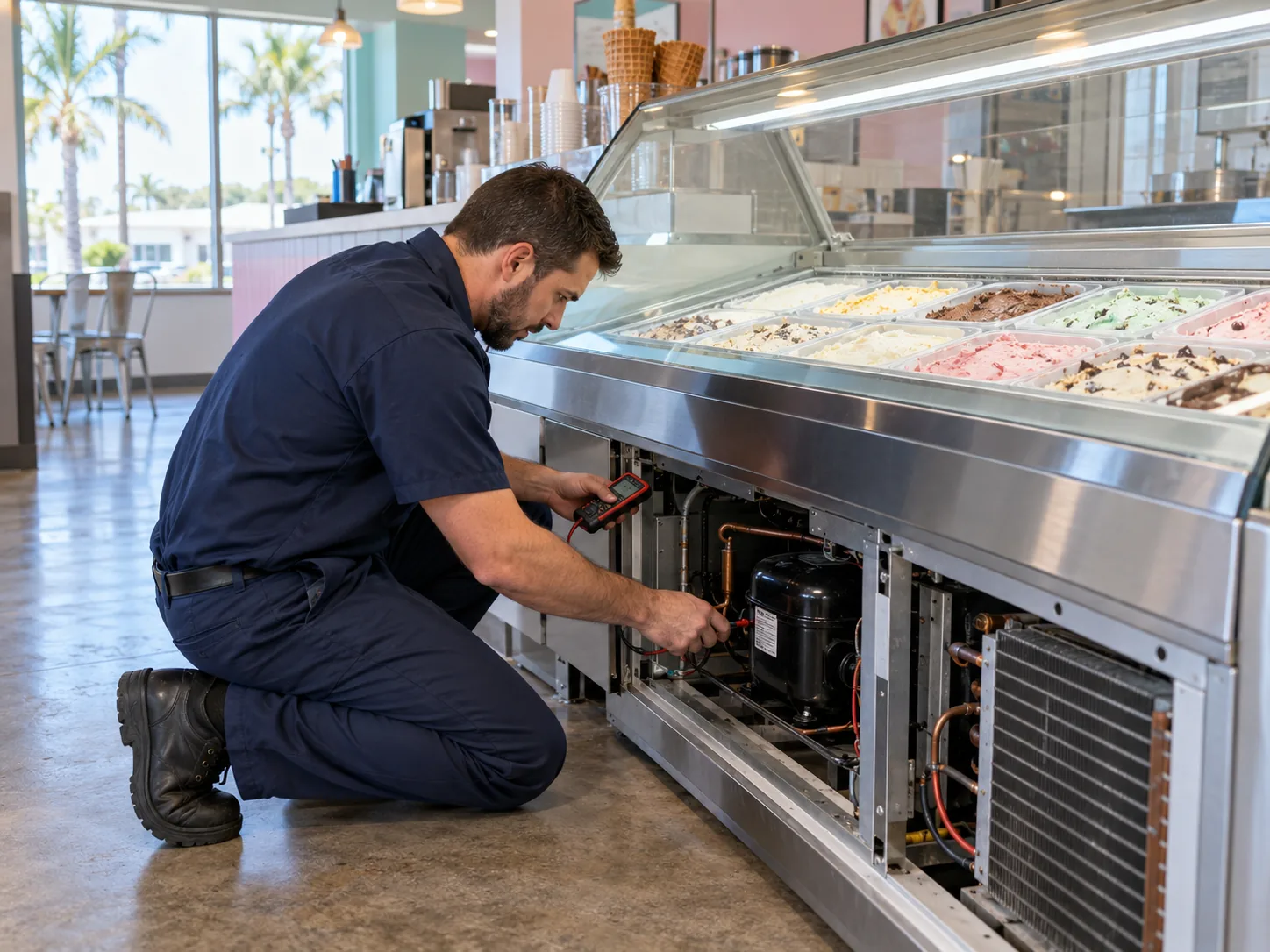 Technician diagnosing a commercial ice cream dipping cabinet in Tampa