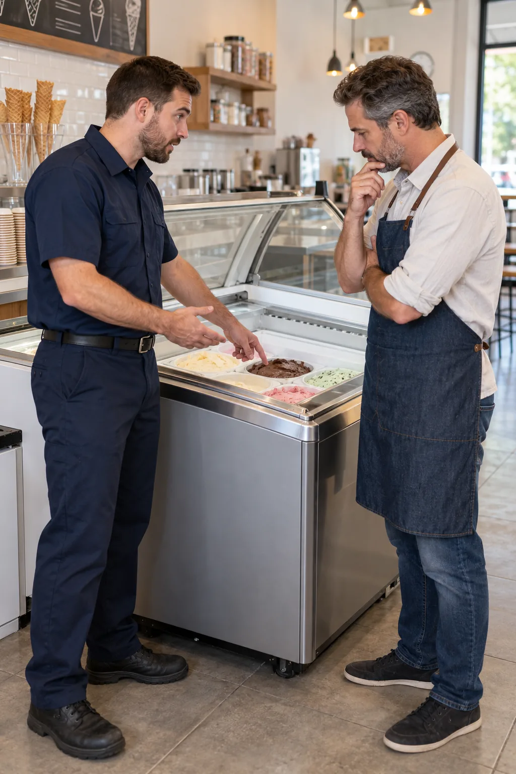 Technician explaining a commercial dipping cabinet issue to an ice cream shop manager