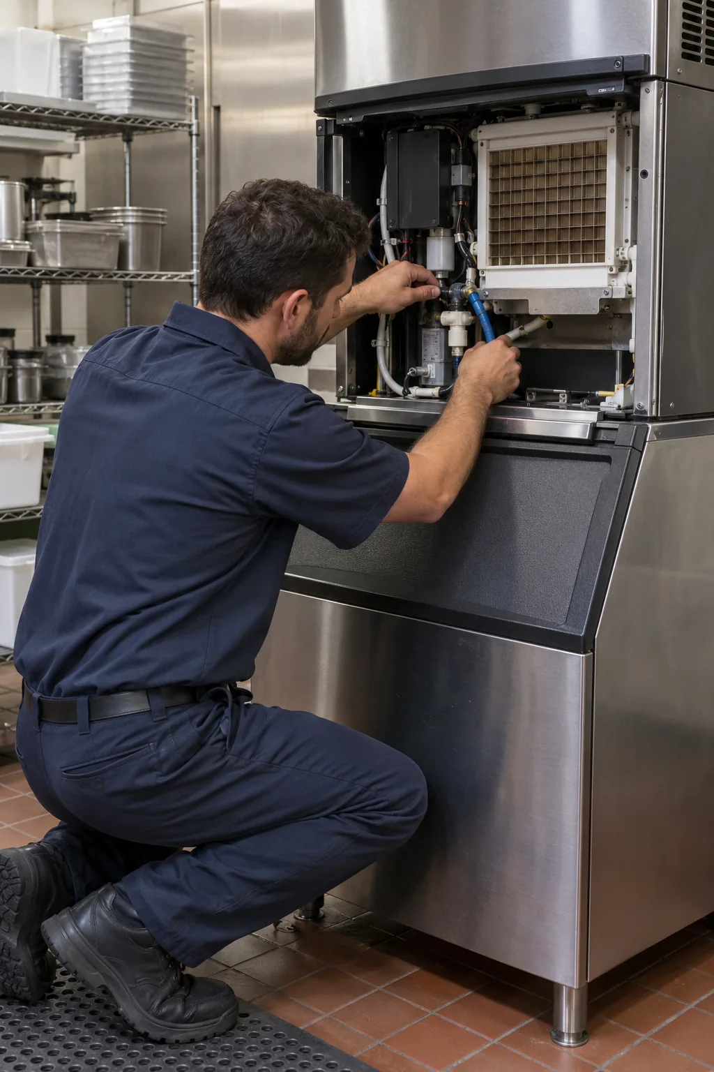Technician diagnosing a commercial ice machine in Atlanta
