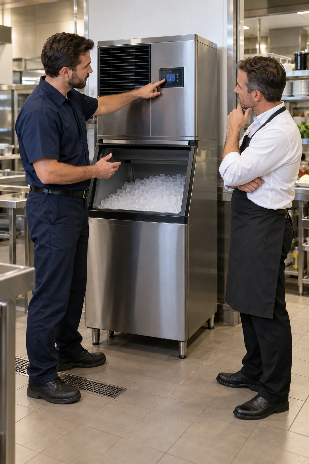 Technician explaining a commercial ice machine issue to a restaurant manager