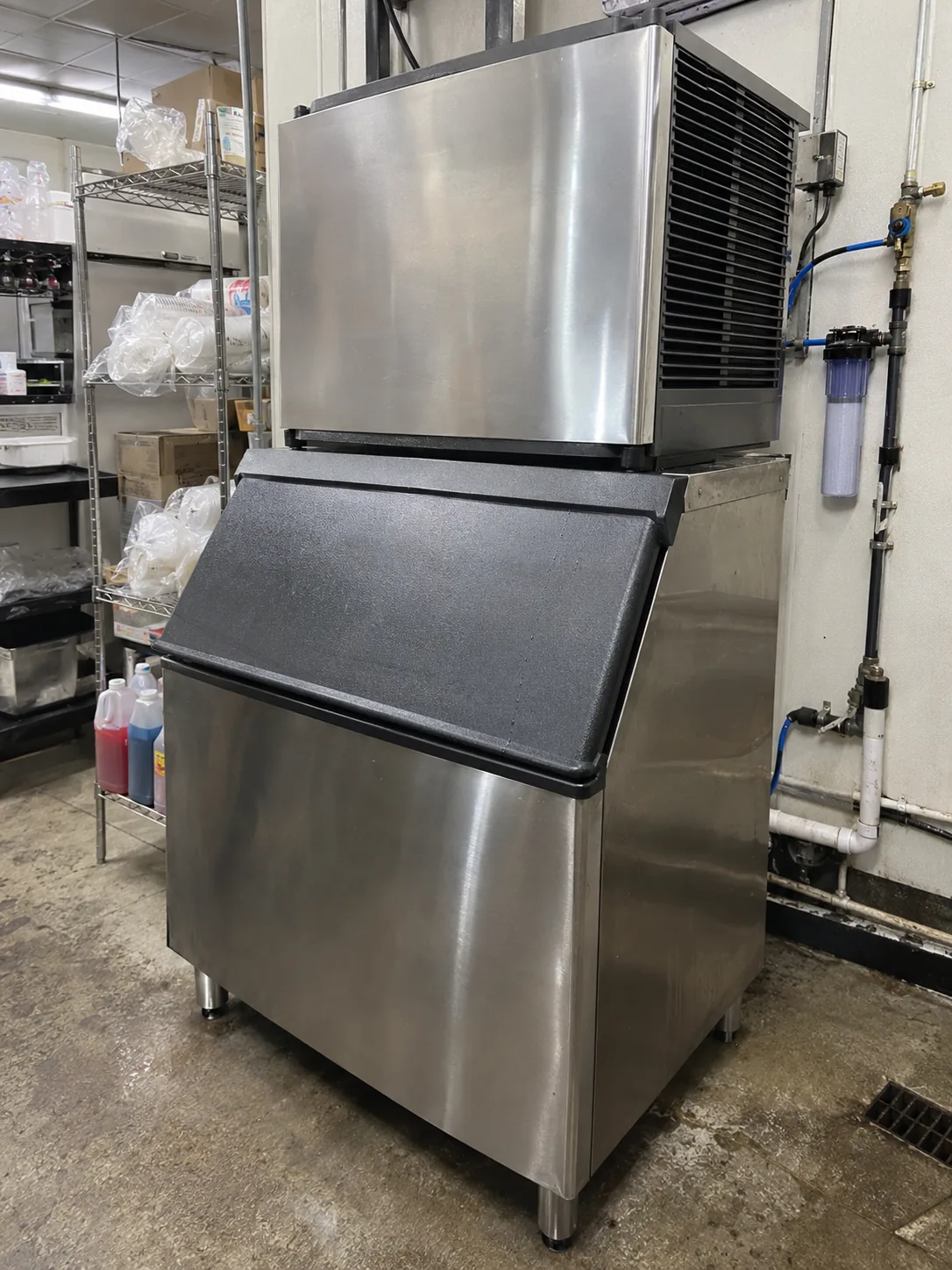Commercial ice machine and bin after leak repair