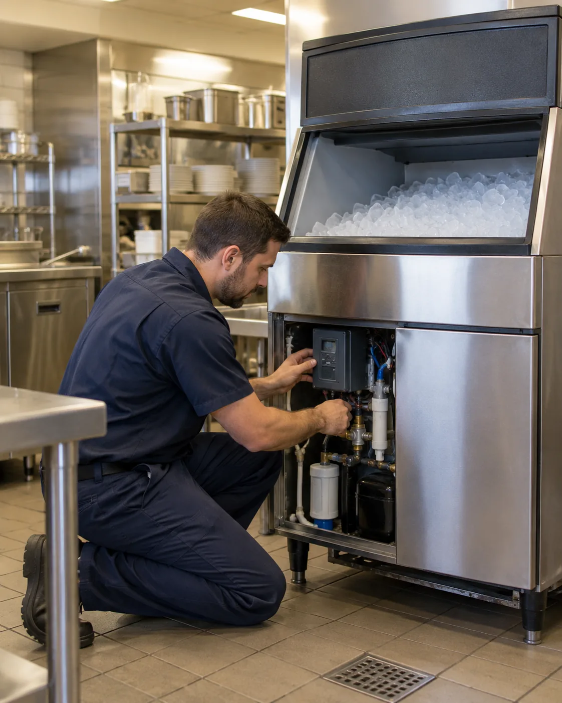 Technician diagnosing a commercial ice machine in Tampa Bay