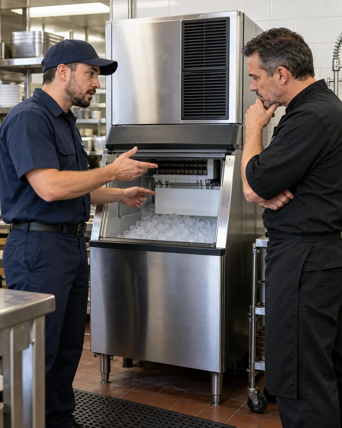 Technician explaining a commercial ice machine diagnosis to a Tampa restaurant manager