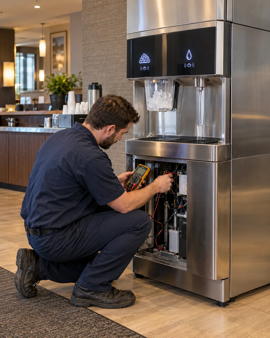 Technician diagnosing a commercial ice and water dispenser in Atlanta