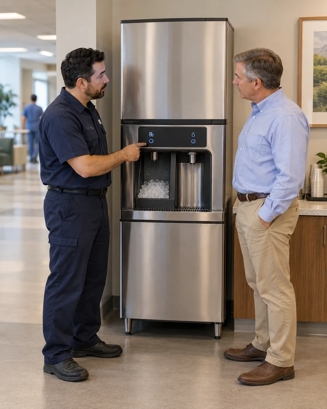 Technician explaining a commercial ice and water dispenser issue to a facility manager