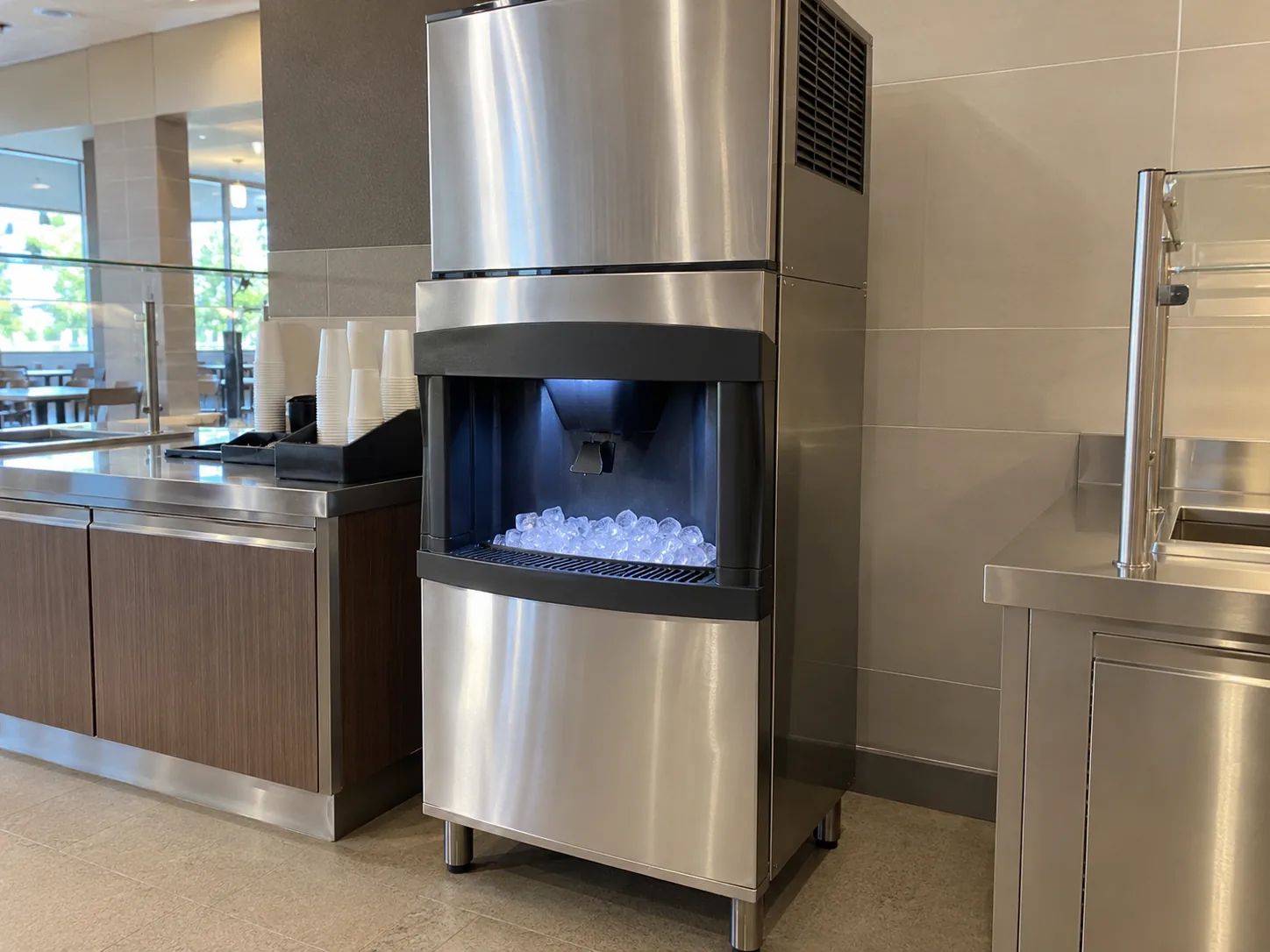 Freestanding commercial ice dispenser after service