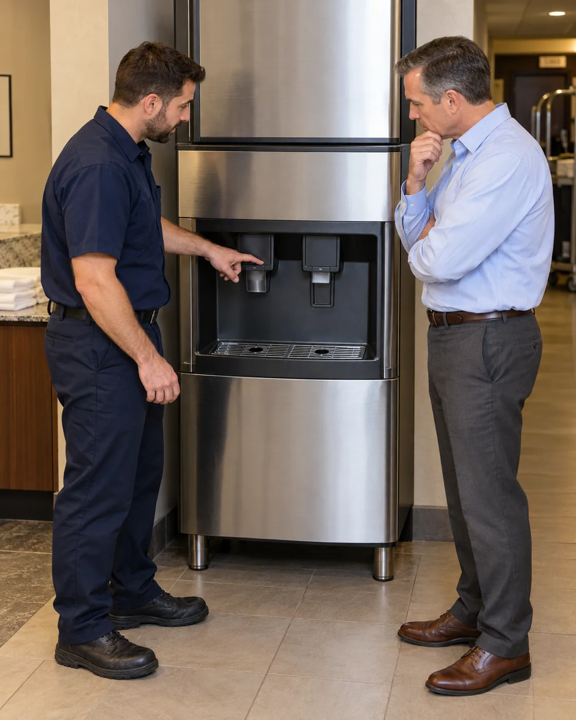 Technician explaining a commercial ice and water dispenser issue to a Tampa facility manager