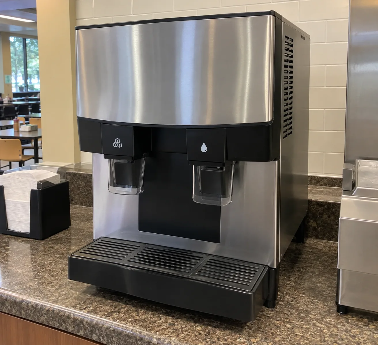 Countertop commercial ice and water dispenser after service
