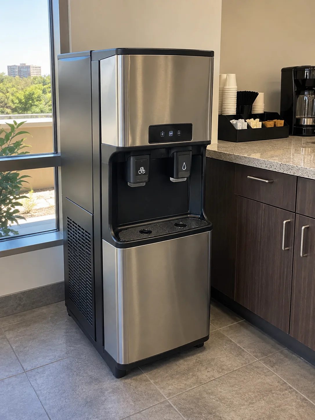 Integrated commercial ice and water dispenser after service