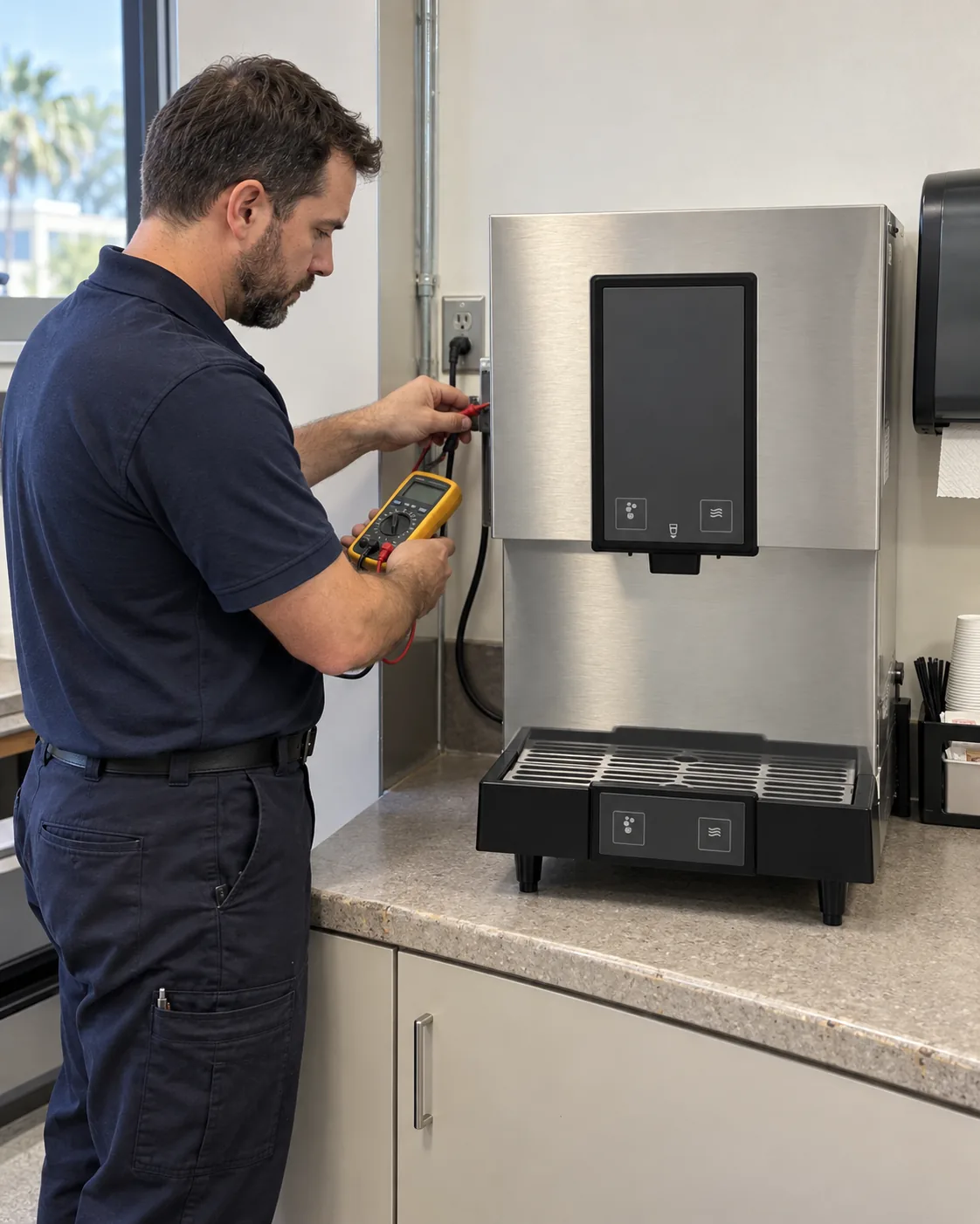 Technician diagnosing a commercial ice and water dispenser in Tampa