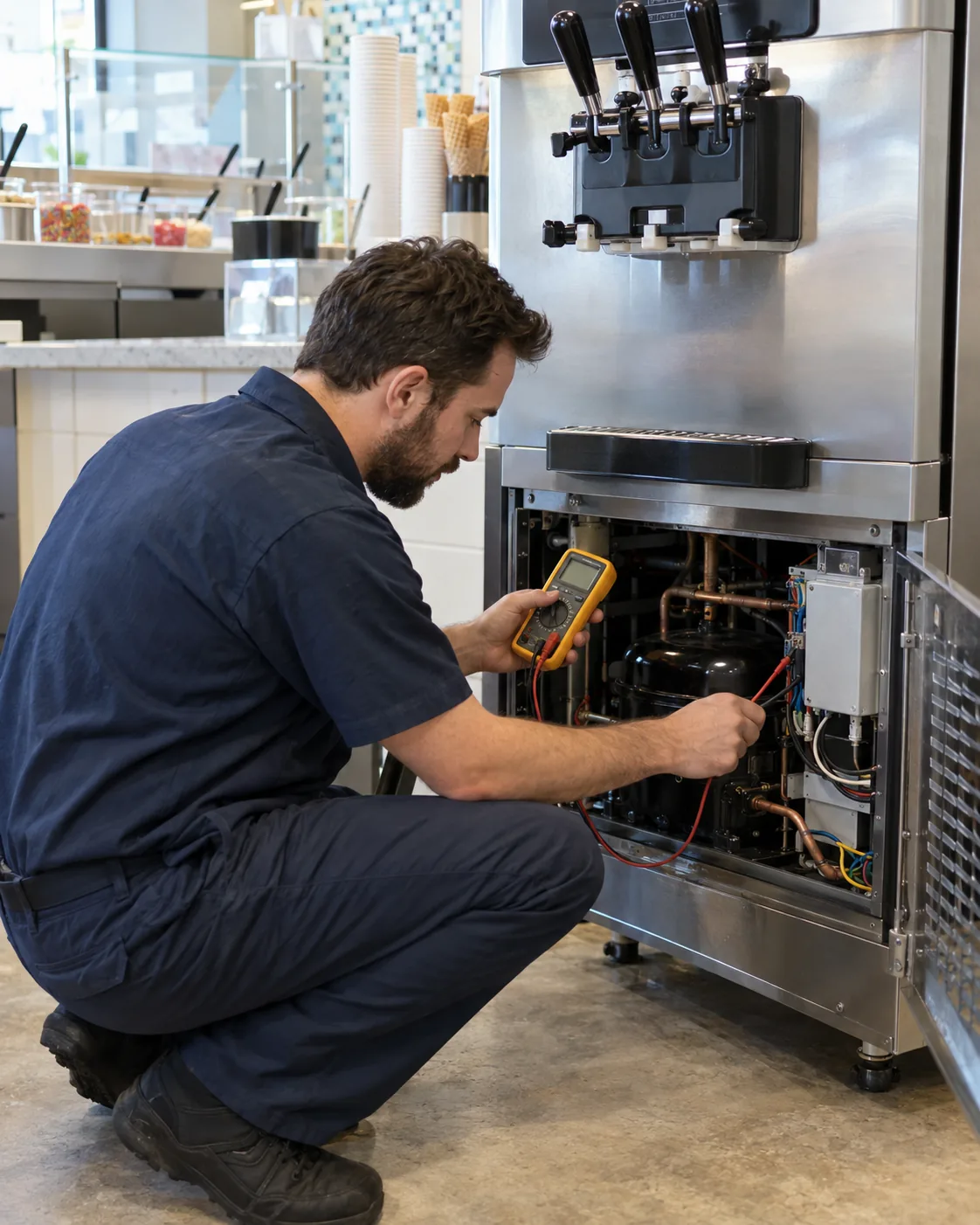 Technician diagnosing a commercial soft serve machine in Atlanta