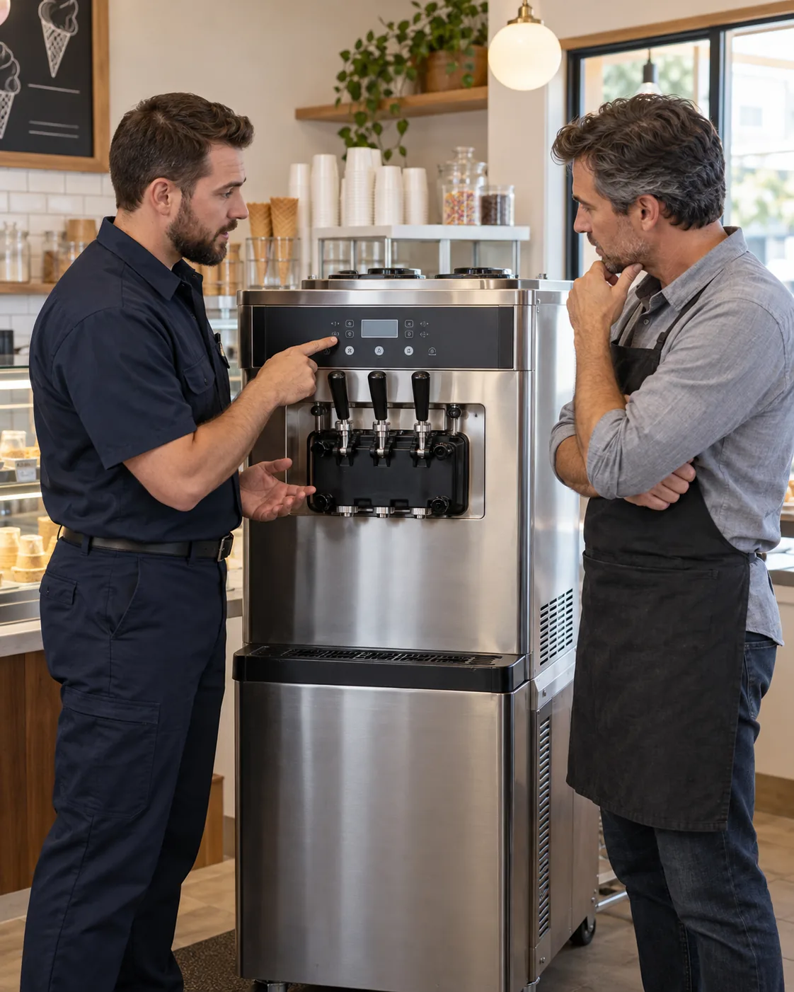Technician explaining a commercial soft serve machine issue to a shop manager