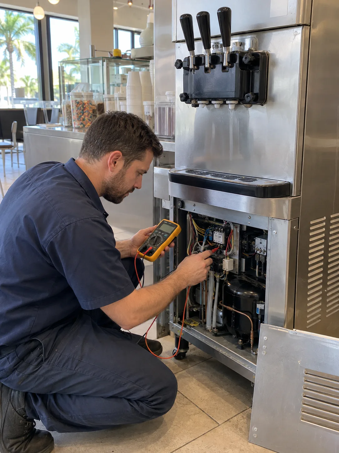 Technician diagnosing a commercial soft serve machine in Tampa
