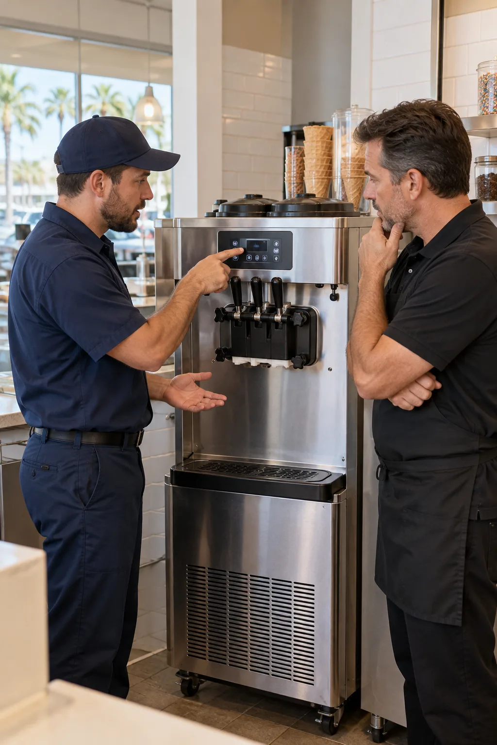 Technician explaining commercial soft serve machine findings to a Tampa shop manager