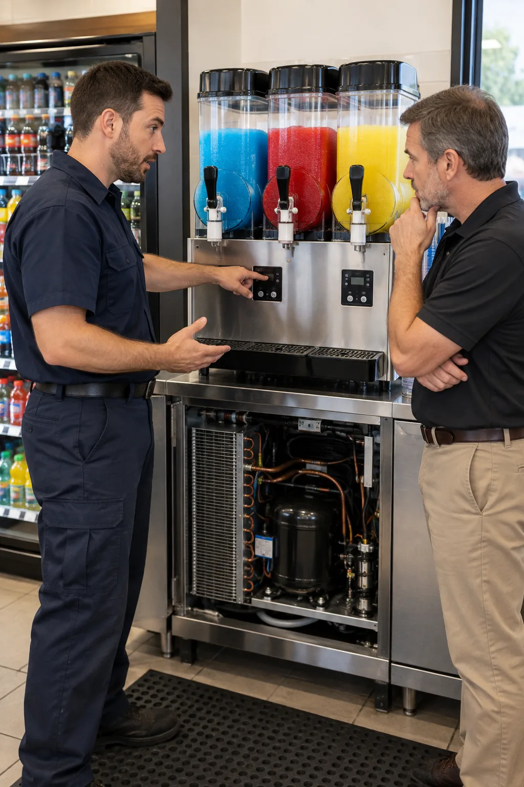 Technician explaining frozen beverage machine findings to an Atlanta manager