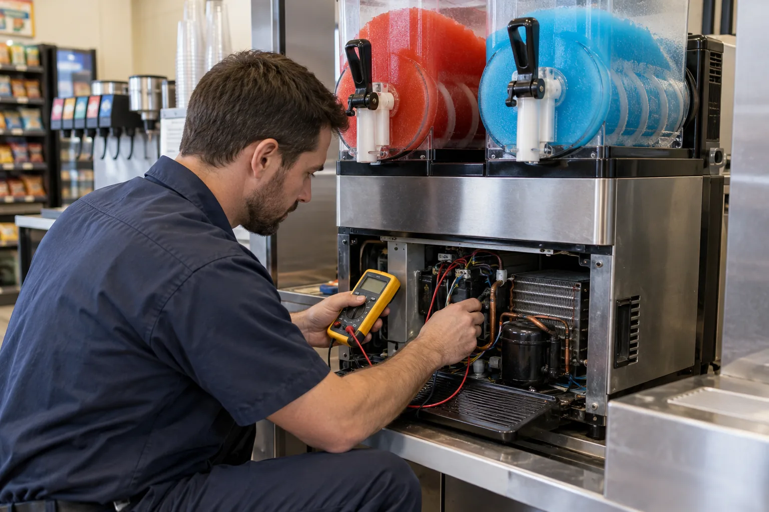 Technician diagnosing a commercial frozen beverage machine in Atlanta