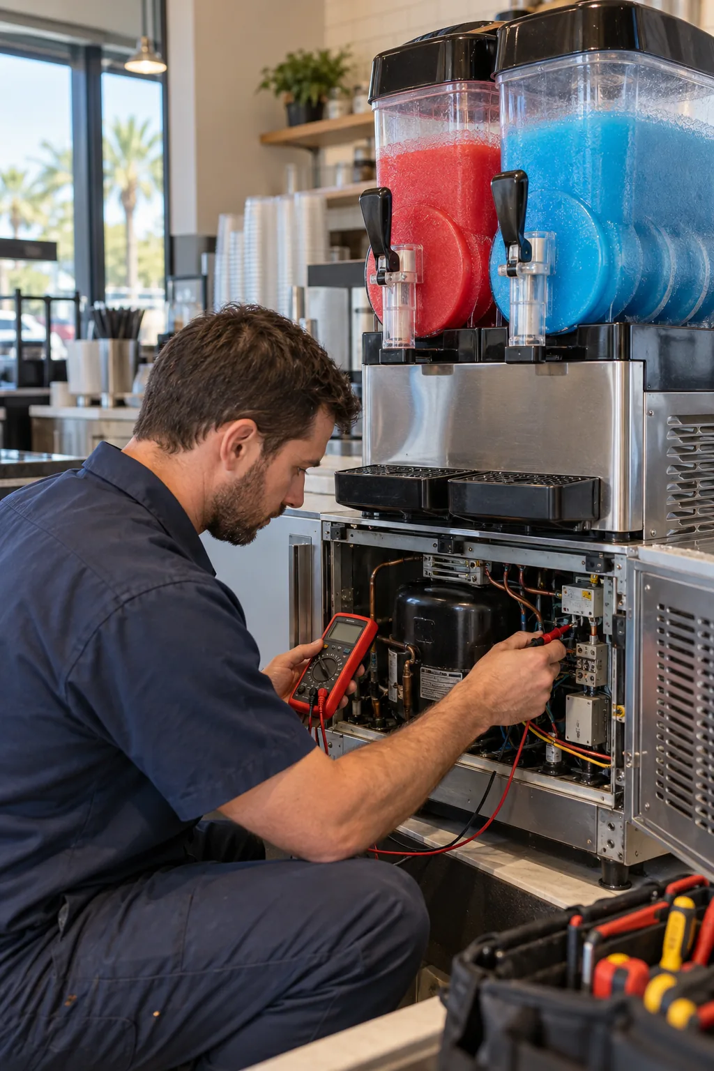 Technician diagnosing a commercial frozen beverage machine in Tampa Bay