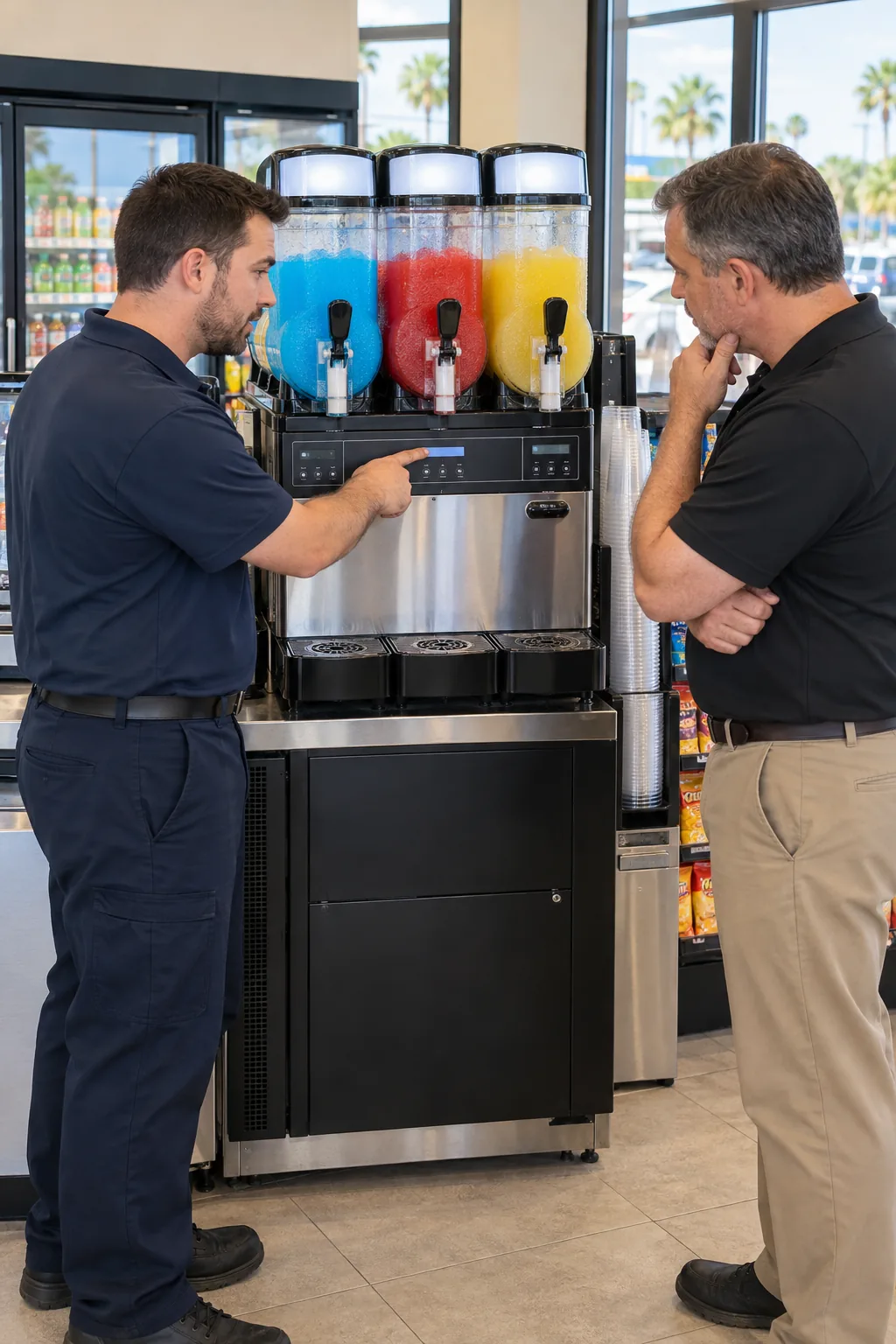 Technician explaining frozen beverage machine findings to a Tampa manager