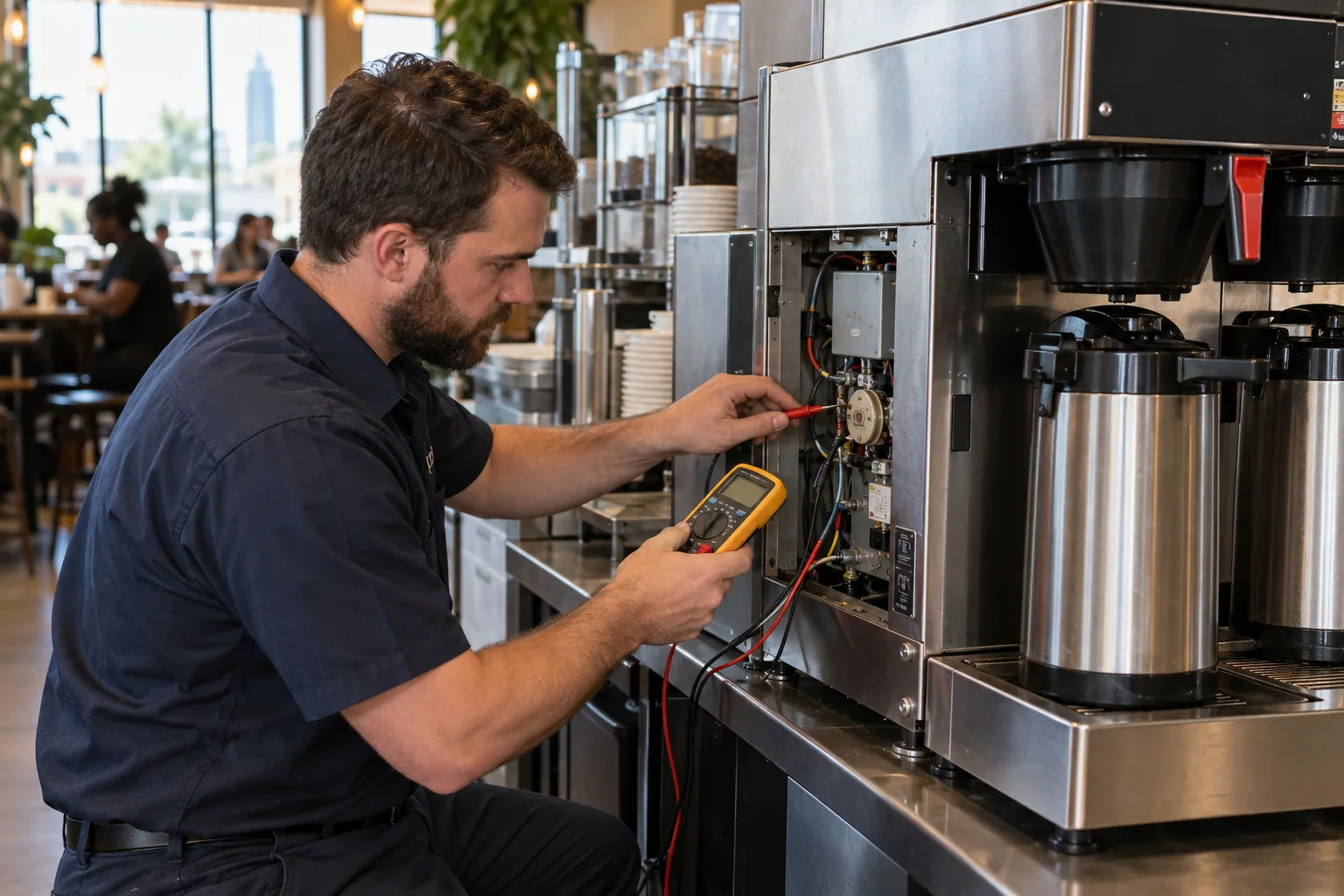 Technician diagnosing a commercial coffee brewer in Atlanta