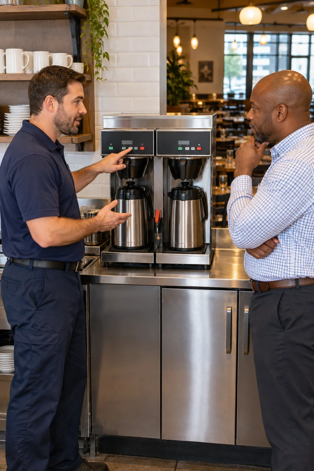 Technician explaining commercial coffee brewer findings to an Atlanta manager