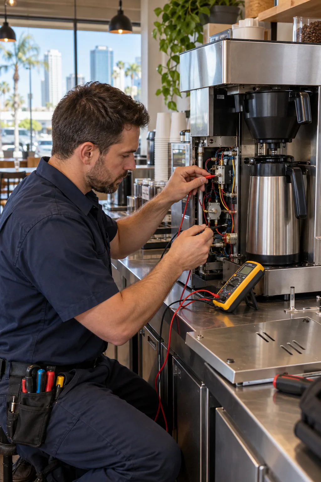 Technician diagnosing a commercial coffee brewer in Tampa