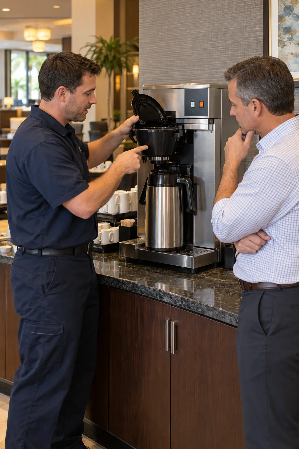 Technician explaining commercial coffee brewer findings to a Tampa manager