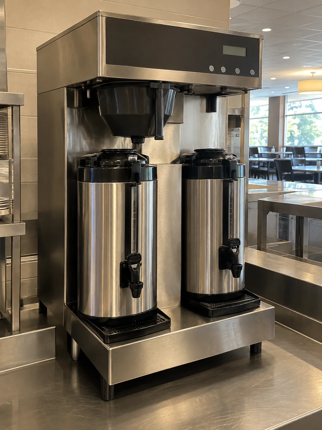 High-volume commercial coffee brewer after water-flow service in Brandon