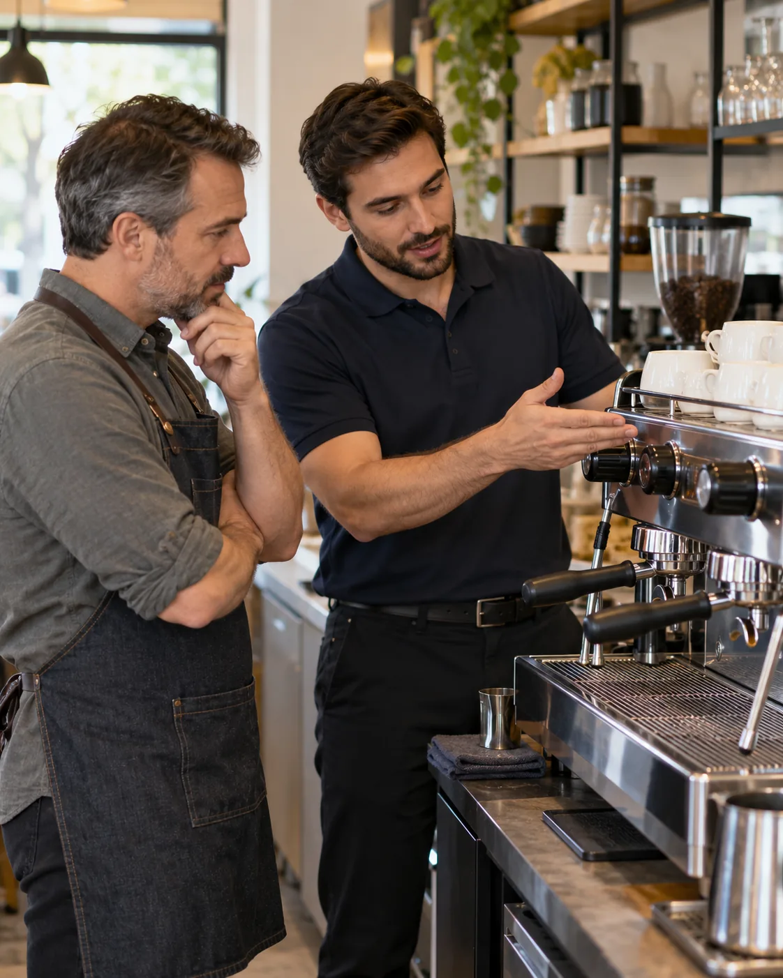 Technician explaining commercial espresso machine findings to an Atlanta café manager